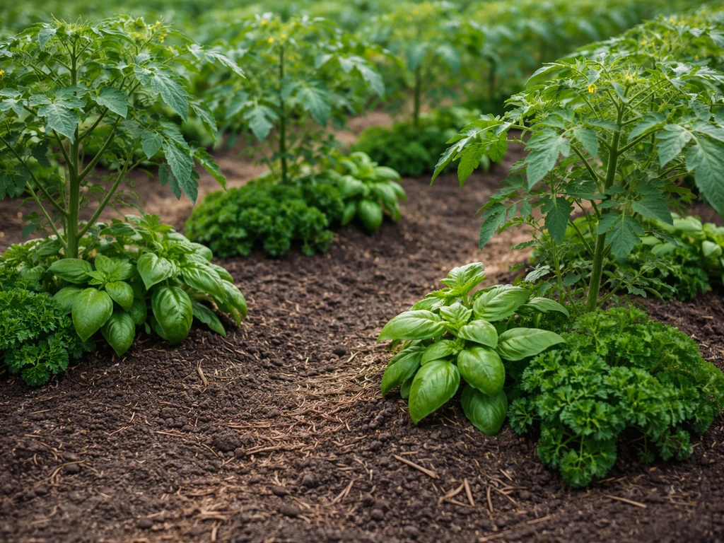 Close view of tomato plants interplanted with basil and parsley in a well-spaced garden bed