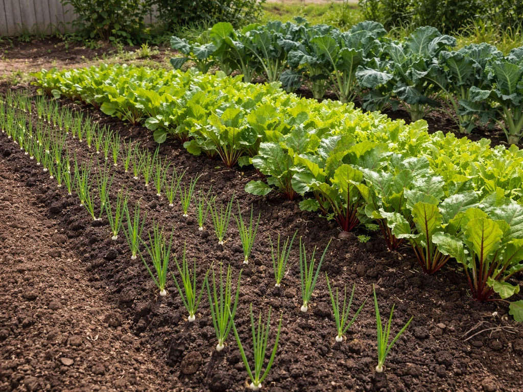 Vegetable garden bed with onions, beet greens, kale or broccoli leaves, and lettuce spaced clearly.