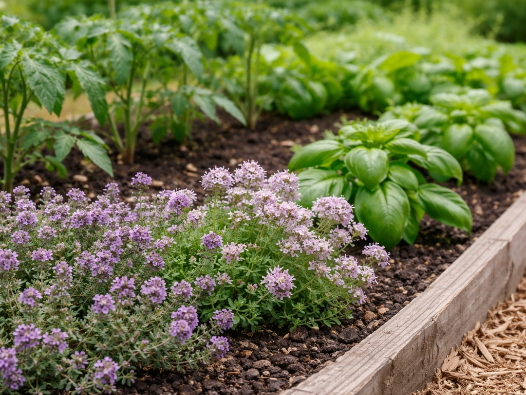 Flowering herb planter with thyme, basil, and oregano beside vegetable beds, attracting pollinators.