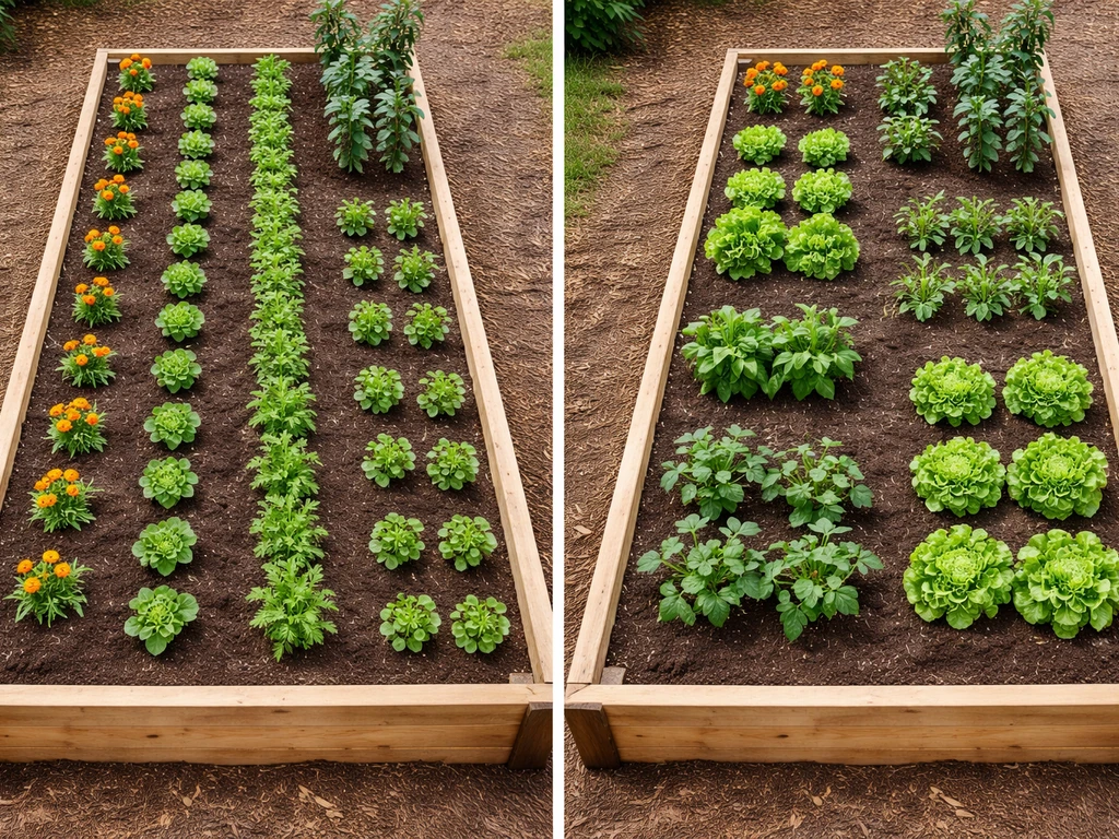 Two minimal photos showing 4x8 raised bed layouts: row spacing on one side, block pairing on the other.