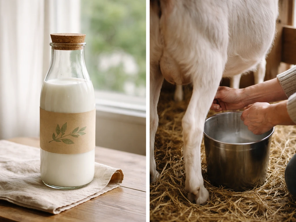 Split scene showing a carton of certified organic milk and a small home dairy-goat setup ready for milking.