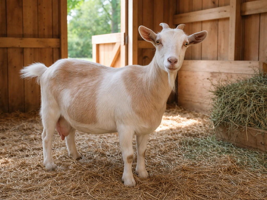 A healthy dairy goat standing calmly in a clean backyard shelter with straw bedding.