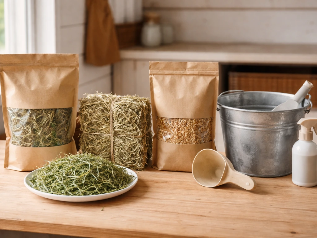Minimal lineup of organic hay and grain feed items on a table, contrasted with a no-synthetics implication.