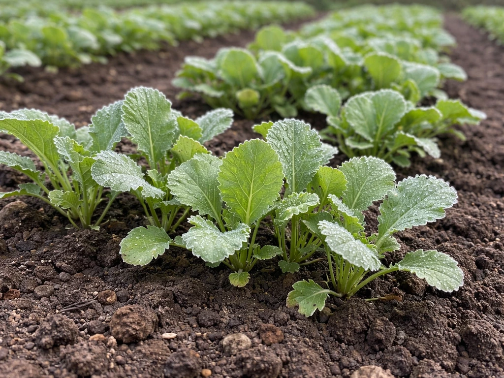 Close-up of fall-planted kale/turnip-like brassicas emerging from dark soil with dew-frosted leaves.