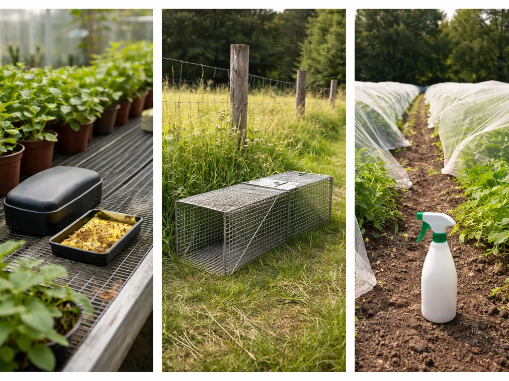 Three-panel farm scene: bait/trap for pests, live-capture for wildlife control, and netting/repellent for deterrence.