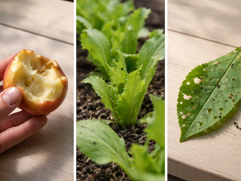 Close-up tabletop comparison of crop damage from rodents, birds, and insects on leaves and fruit.