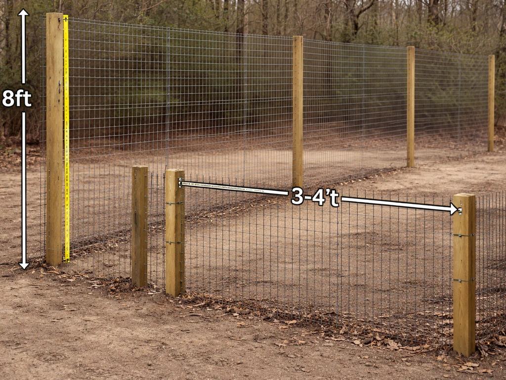 Closeup of an outdoor deer fence section showing an 8-foot barrier and a double-fence gap.