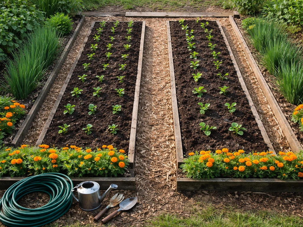Overhead-ish view of raised garden beds bordered with marigold-like flowers and allium-like plants to deter animals.