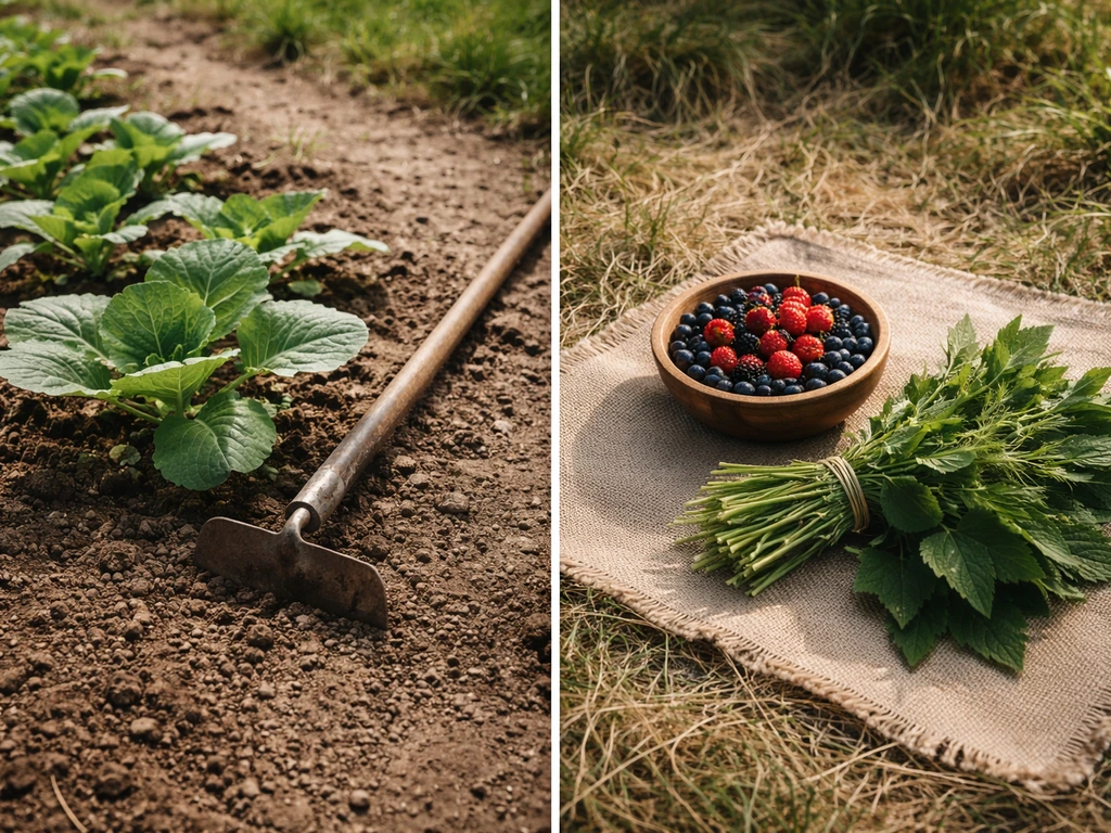 Left: planted green crops; right: foraged wild berries and seasonal greens on natural ground.