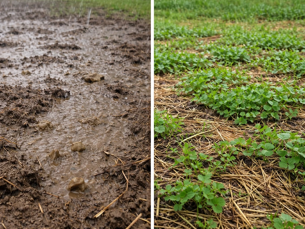 Split view of bare soil vs cover-cropped ground, showing rain splash and clearer water infiltration