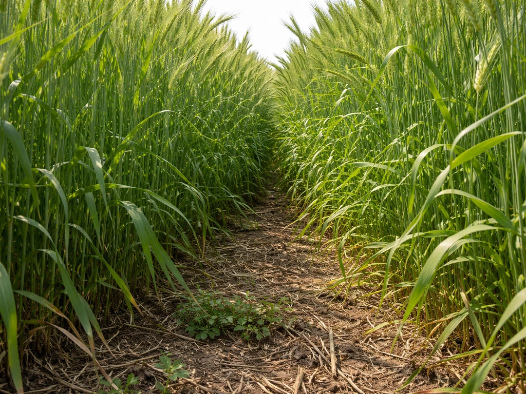 Dense cereal rye cover crop shading out small weeds in the foreground soil.