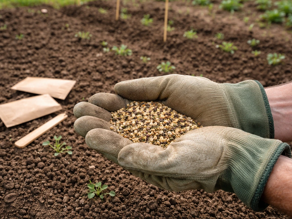 Gloved hands sprinkling cover crop seeds over tilled soil with early seedlings in the background.