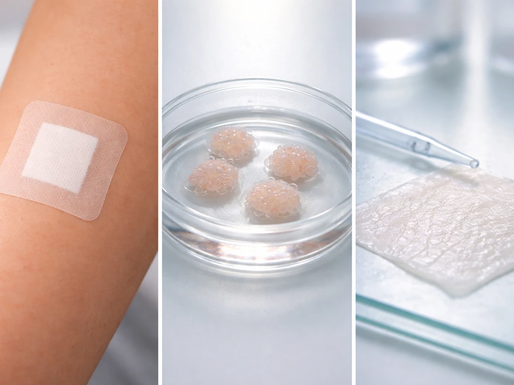 Three-panel collage showing clinical skin dressing, organoid petri dish, and translucent lab-grown tissue membrane.