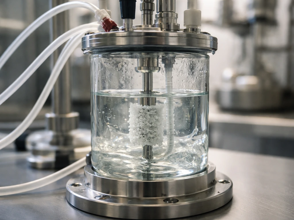 Close-up of a transparent tissue bioreactor with tubing and gentle culture fluid flow in a clean lab.