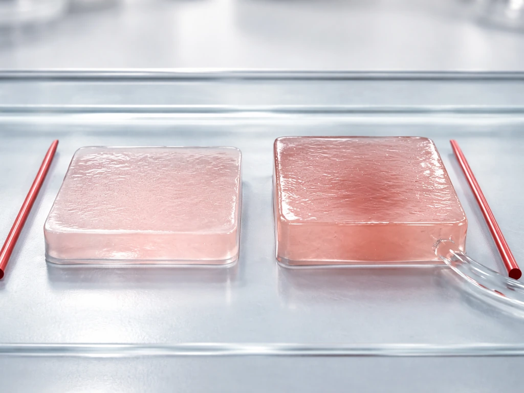 Thin tissue slab shows uniform texture beside a thicker slab with darker center and a microchannel tube.