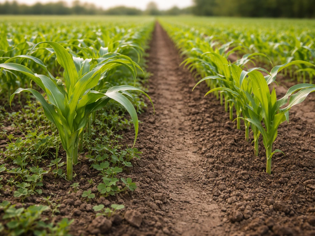 Minimal photo showing two adjacent crop rows: one with a worm on a leaf, one with suppressed weeds.