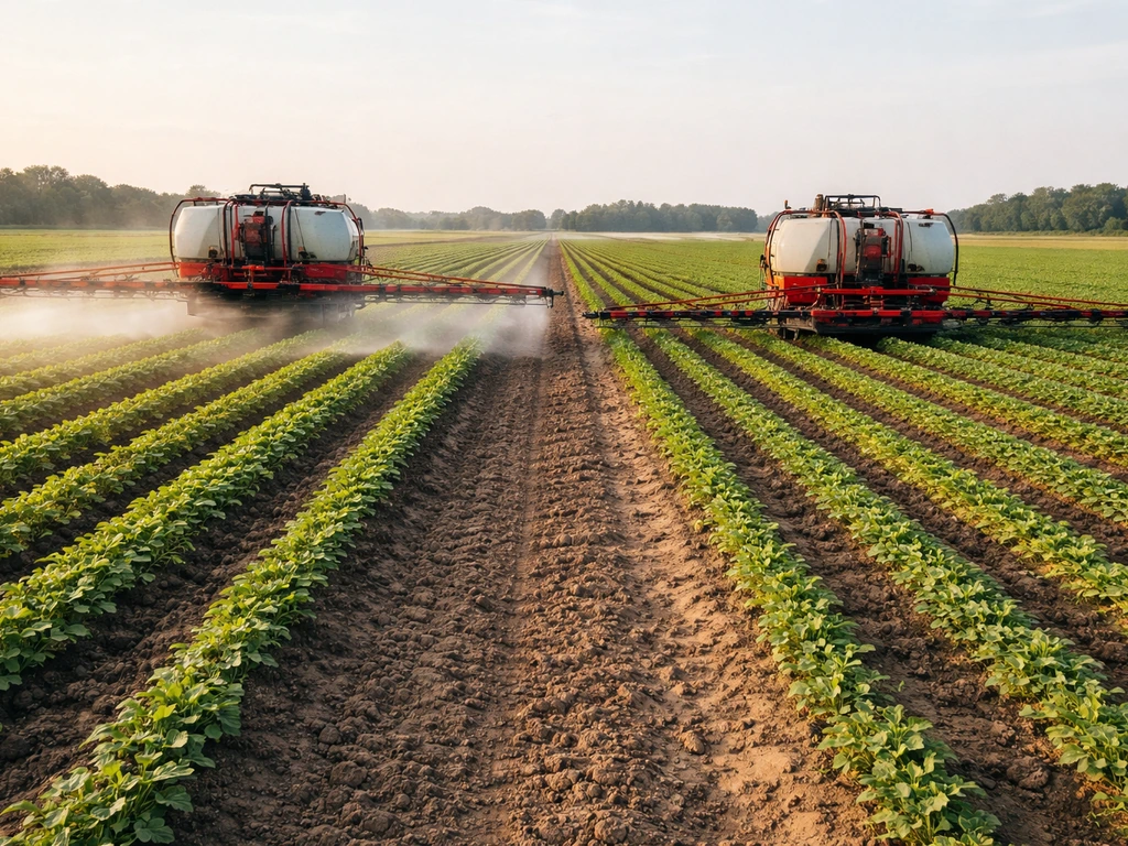 Agricultural sprayer equipment over two adjacent plots, showing mist over one and no-spray on the other.
