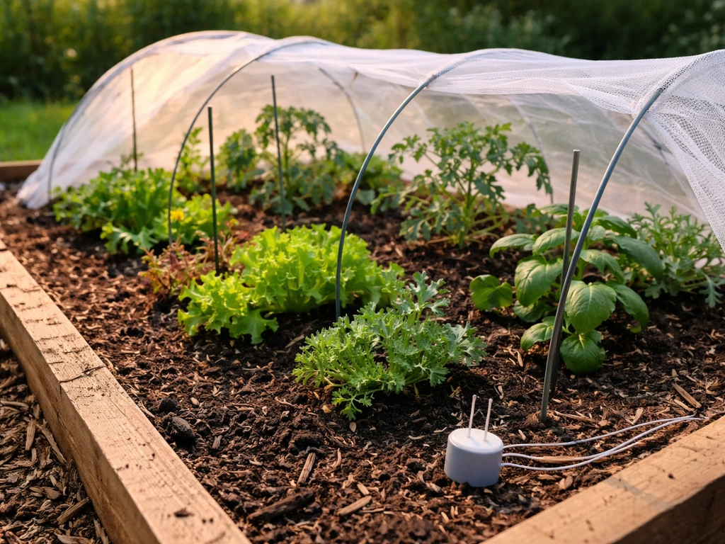 Minimal home garden bed with mixed vegetables, row covers, and a small monitoring device on mulch
