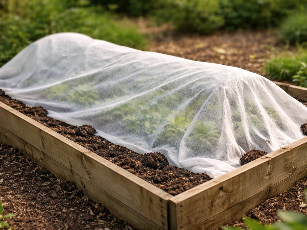 Lightweight row cover draped over a home garden bed and secured to keep pests out.