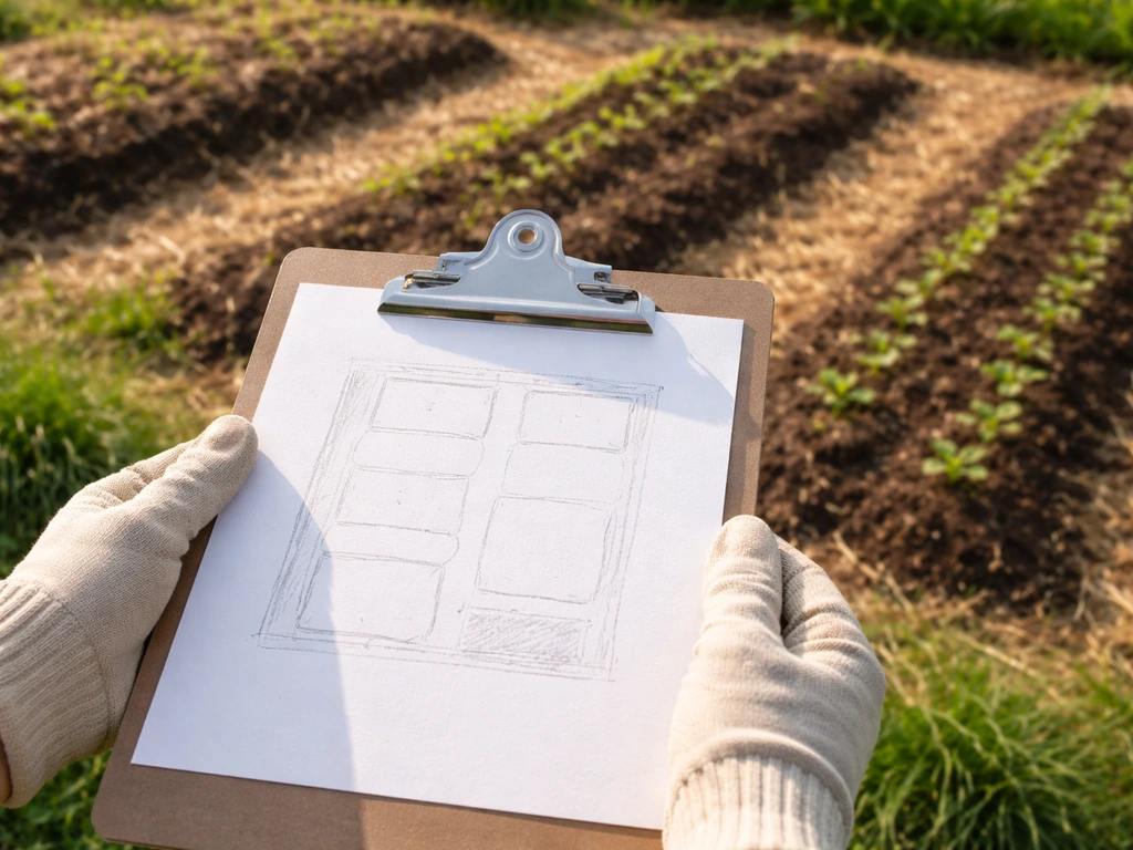 Gloved hands reviewing a small clipboard plan over a corner with a few raised vegetable beds.