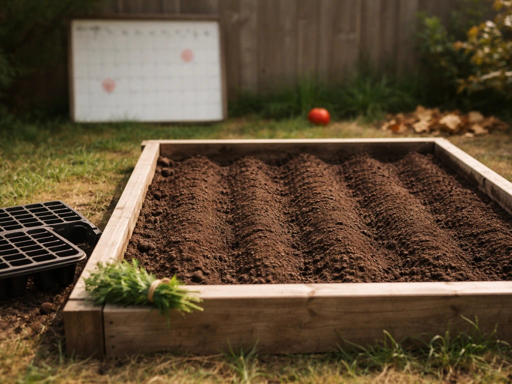 Minimal vegetable garden bed with simple seasonal markers and a calendar board showing frost dates