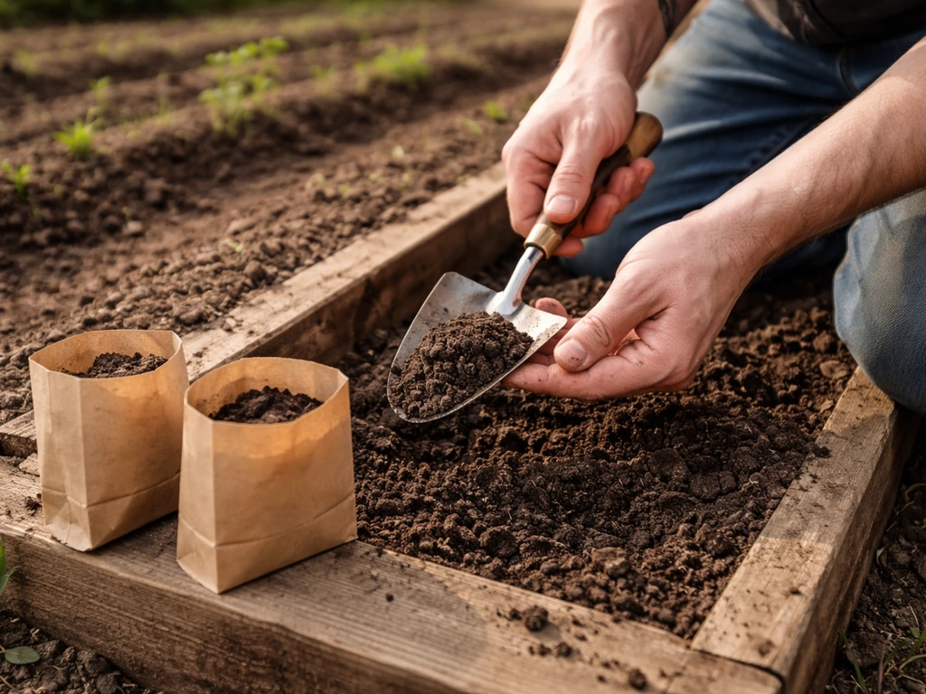 Hands using a small trowel to take a soil sample from a farm bed into labeled-looking bags.