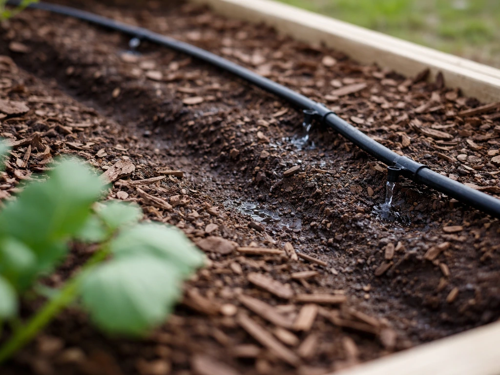 Close-up of drip irrigation tubing laid along mulched raised vegetable beds with water flowing.