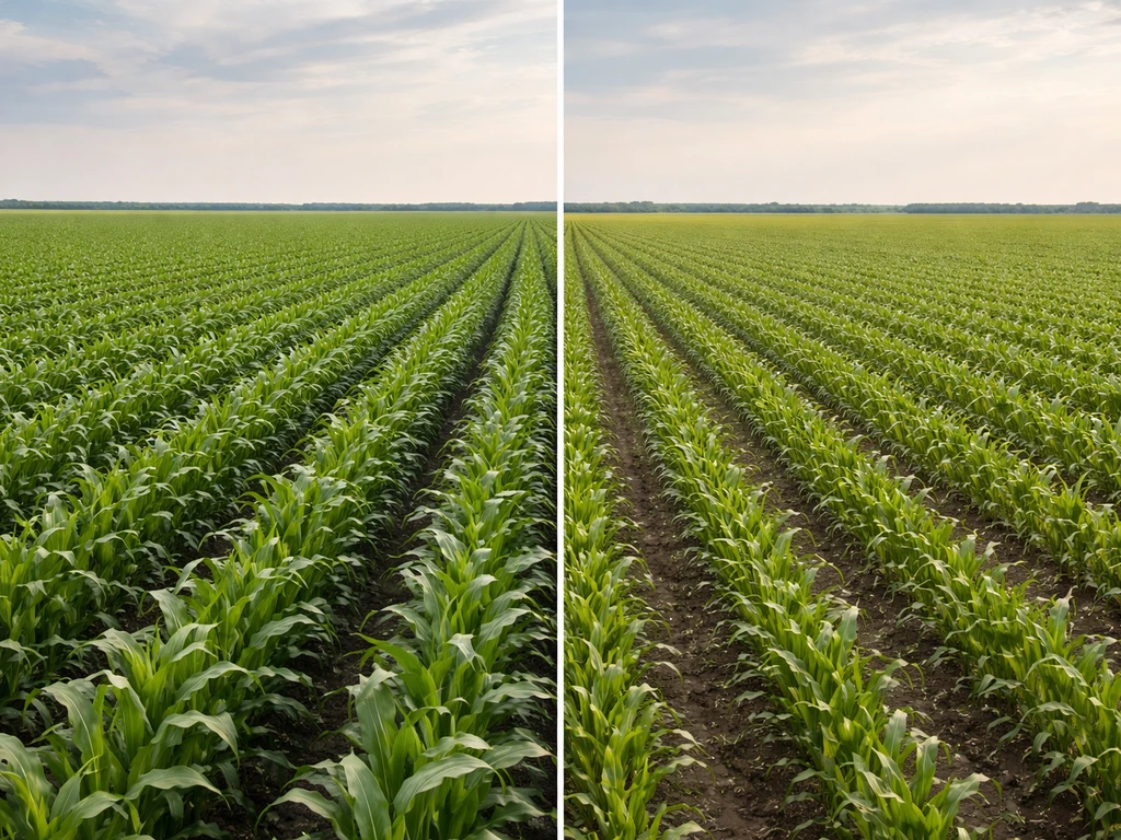 Split crop field: left shows healthy plants, right shows cleaner rows suggesting fewer inputs.