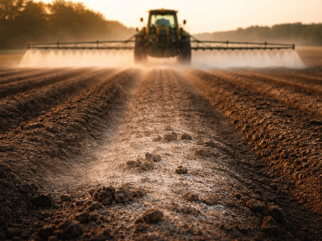 Close-up of soil with residue and a farm sprayer applying liquid from above, conveying pesticide tradeoffs.