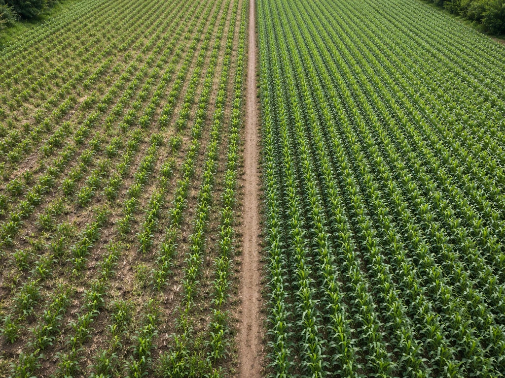 Overhead view of two adjacent farmland zones with healthier crops in high-pressure area and thinner growth in low-pressu