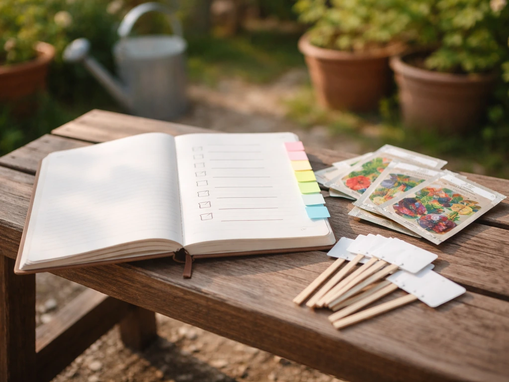 Gardener’s notebook with checklist and seed packets on a wooden bench near potted plants