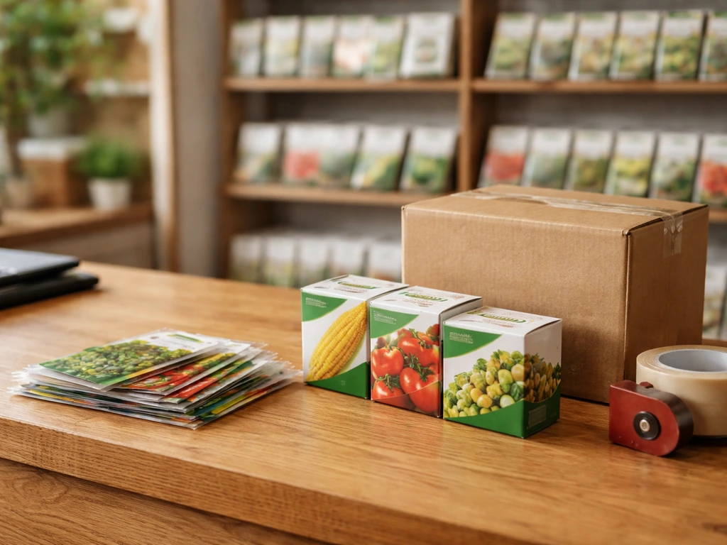 Seed shop checkout counter with seed packets and a shipping box, conveying you can buy GMO seeds legally.