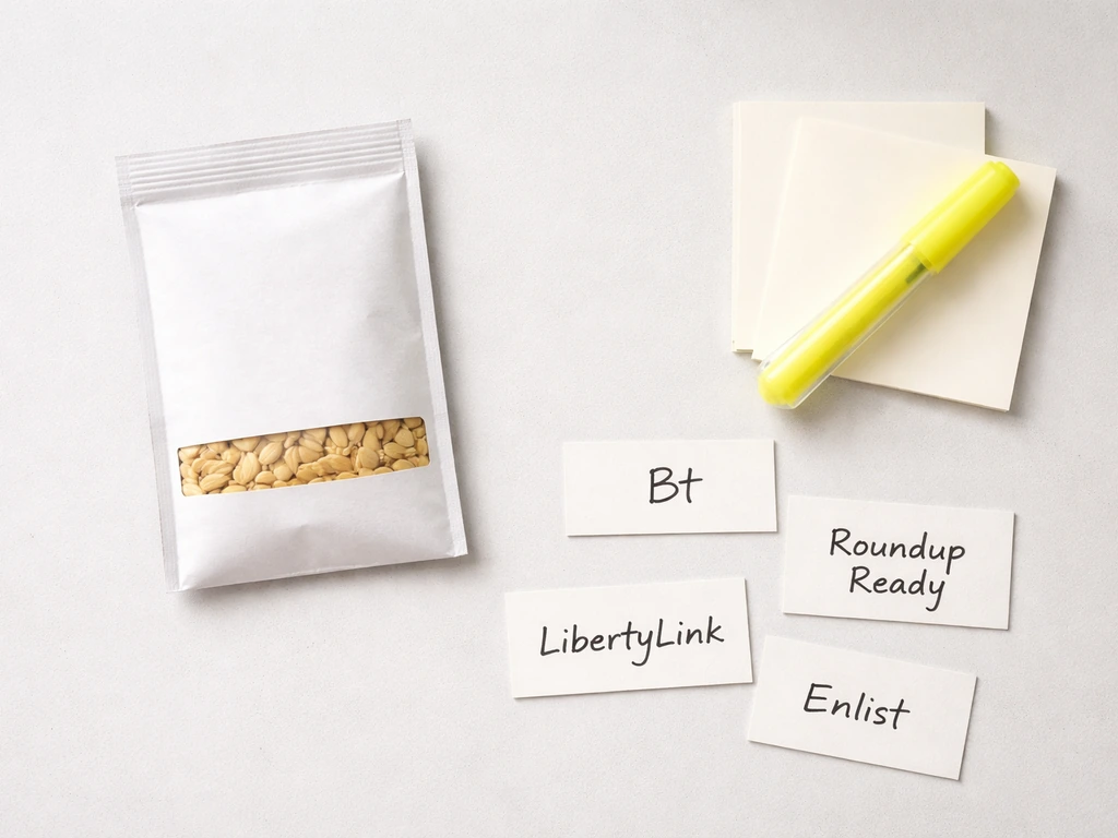 Minimal flat lay of a seed packet and sticky notes beside highlighted GMO trait names like Bt and Roundup Ready.