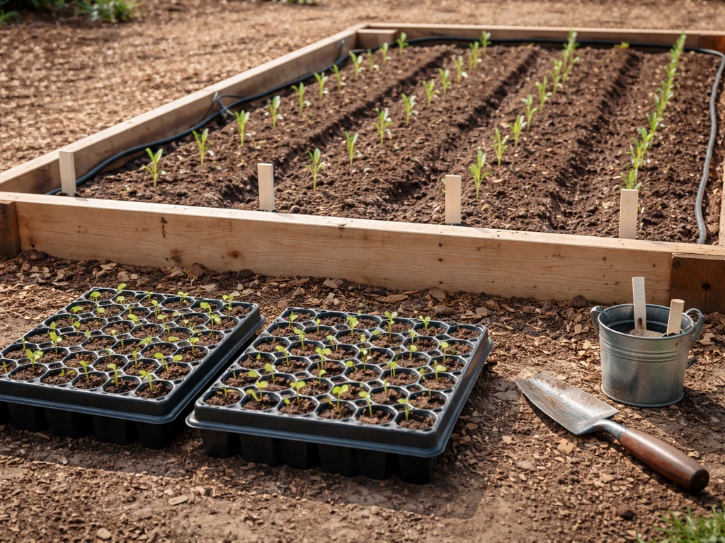 Neatly planted seed trays and raised garden bed rows with irrigation and blank row markers.