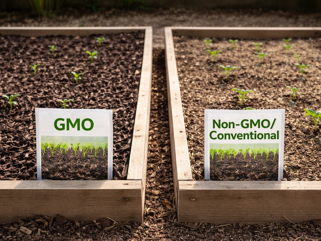 Two adjacent home garden plots with contrasting seed packets labeled GMO and non-GMO on the soil edge