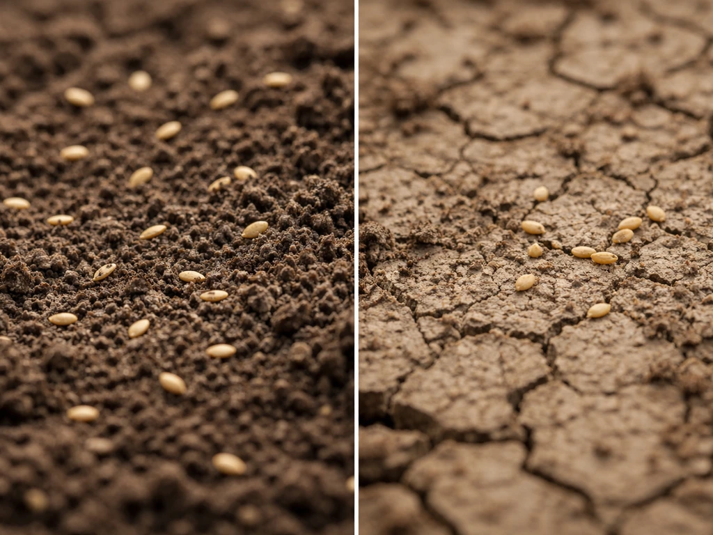 Close-up of seeds pressed into moist soil vs seeds resting on a dry soil crust.
