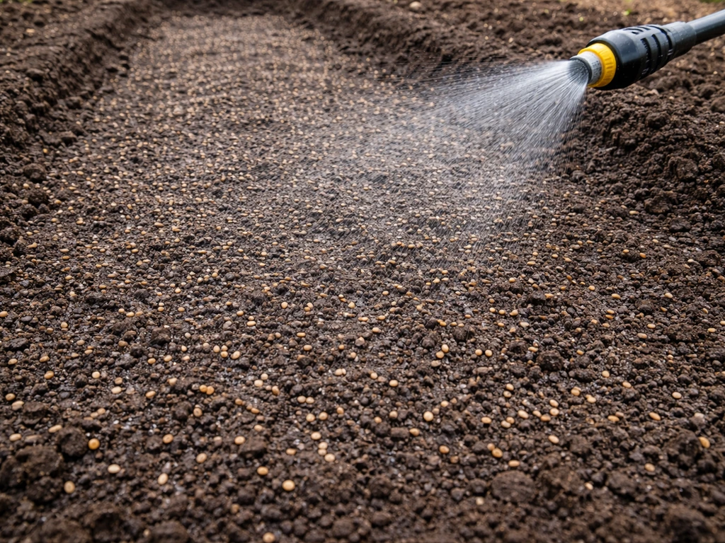 Damp garden soil after gentle sprinkler watering right after broadcasting seeds, no puddling