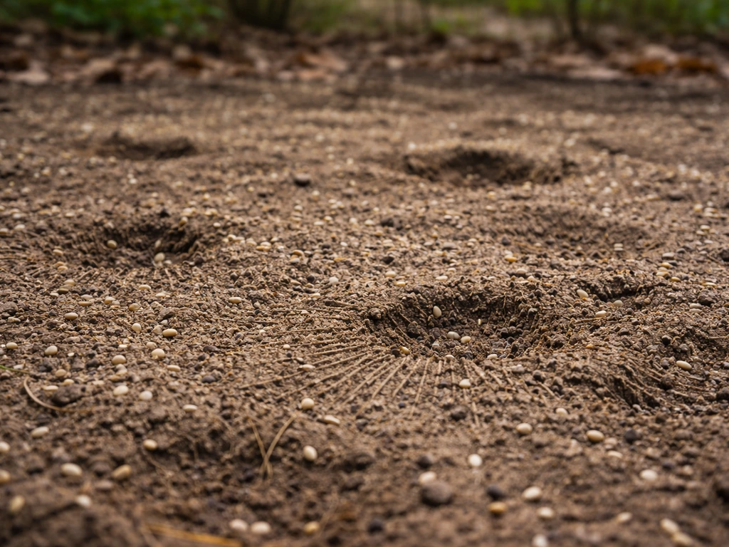 Disturbed broadcast seed bed with scratch and pecking marks and visible missing/uncovered seeds in soil.
