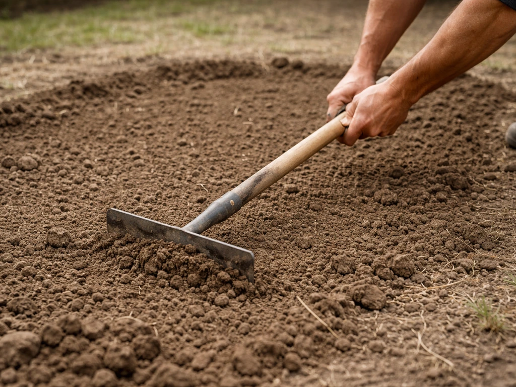 Person raking and scalping the top inch of soil to prepare a uniform seedbed for planting.