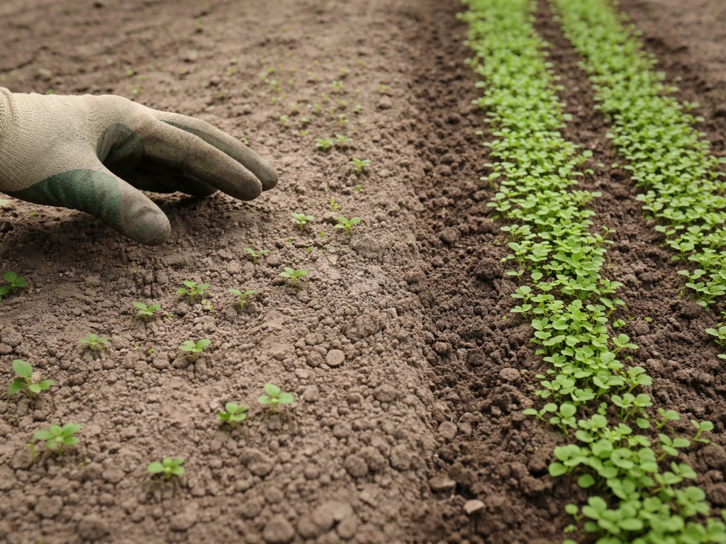Patchy sprouting seeds in one plot section next to a more evenly sprouted section of soil.