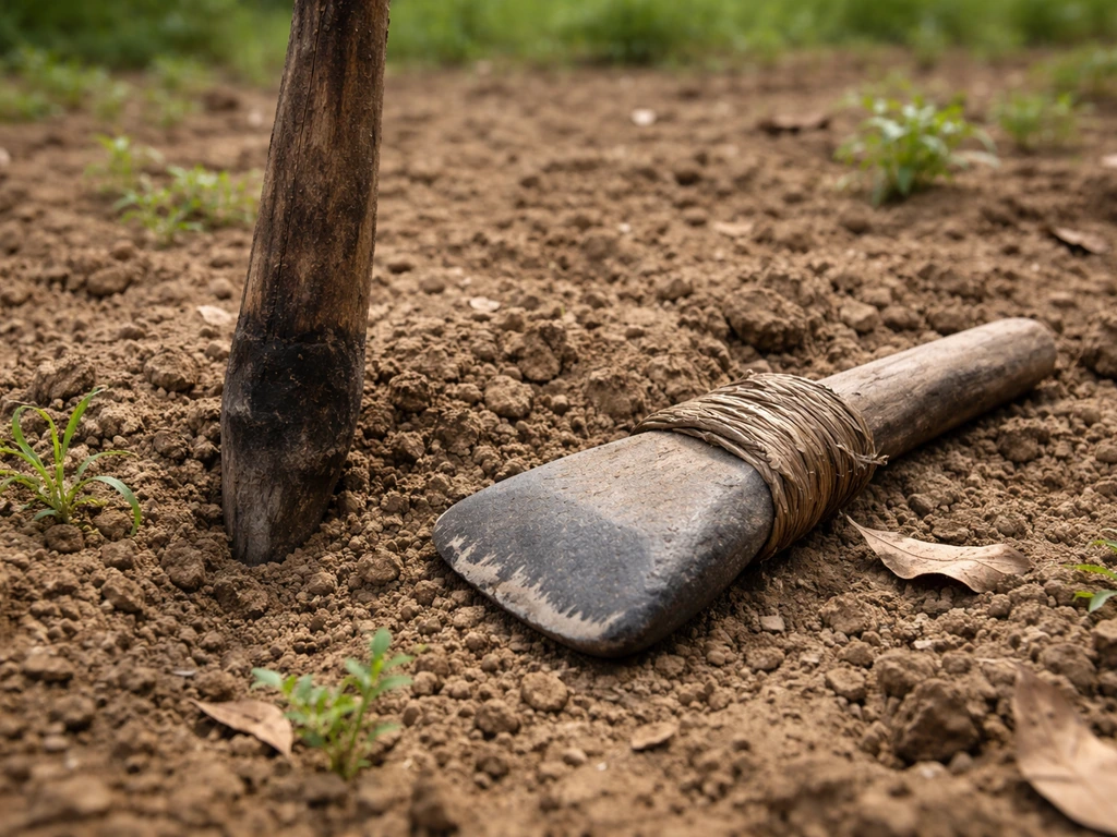 Close-up of a wooden Mayan digging stick with hardened tip beside a basalt stone axe in a milpa field.