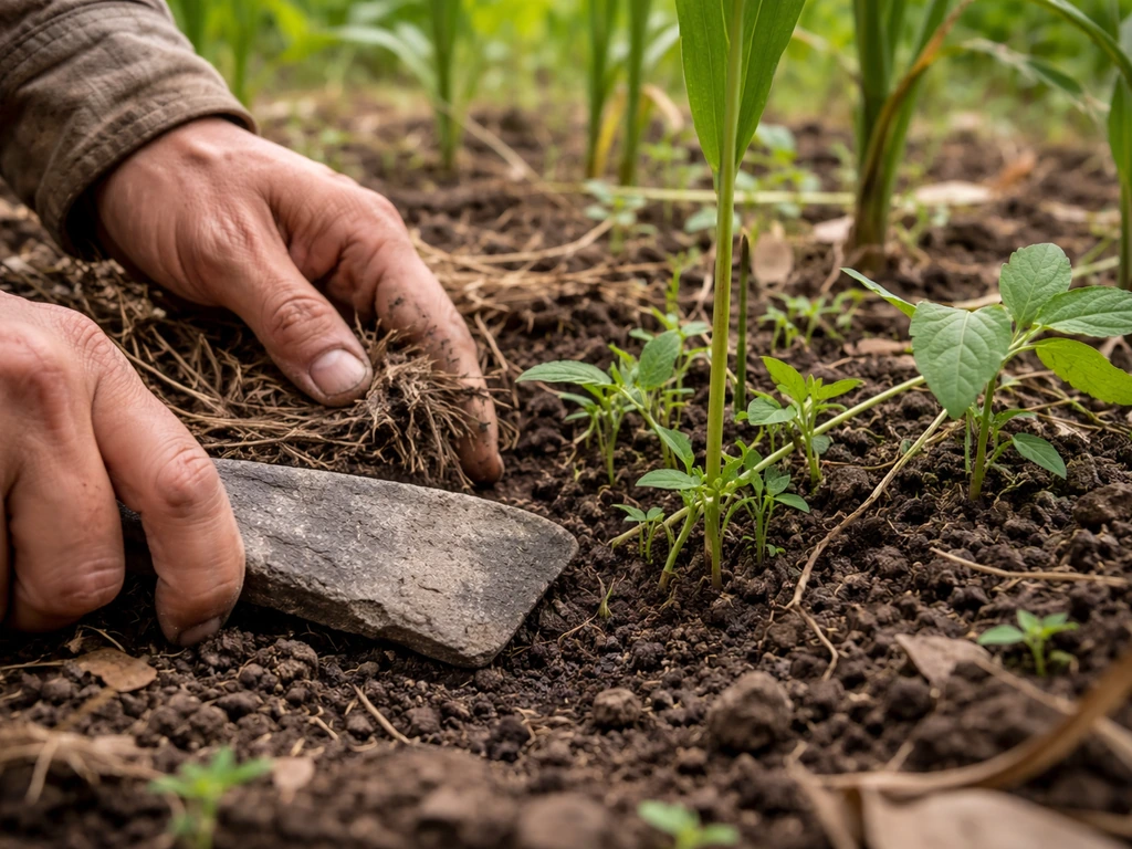 Farmer hand weeding maize/bean rows with a stone scraper cutting weeds near the soil