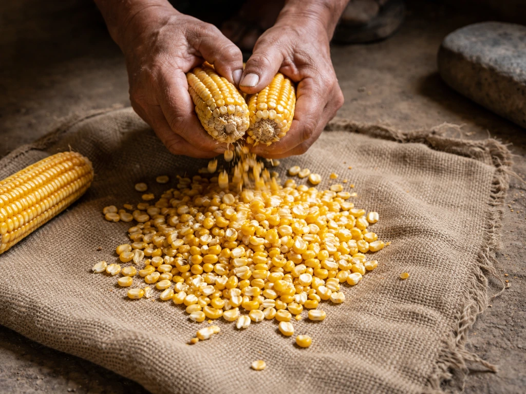 Hands shelling dried maize ears over a sack, with yellow kernels ready for grinding.