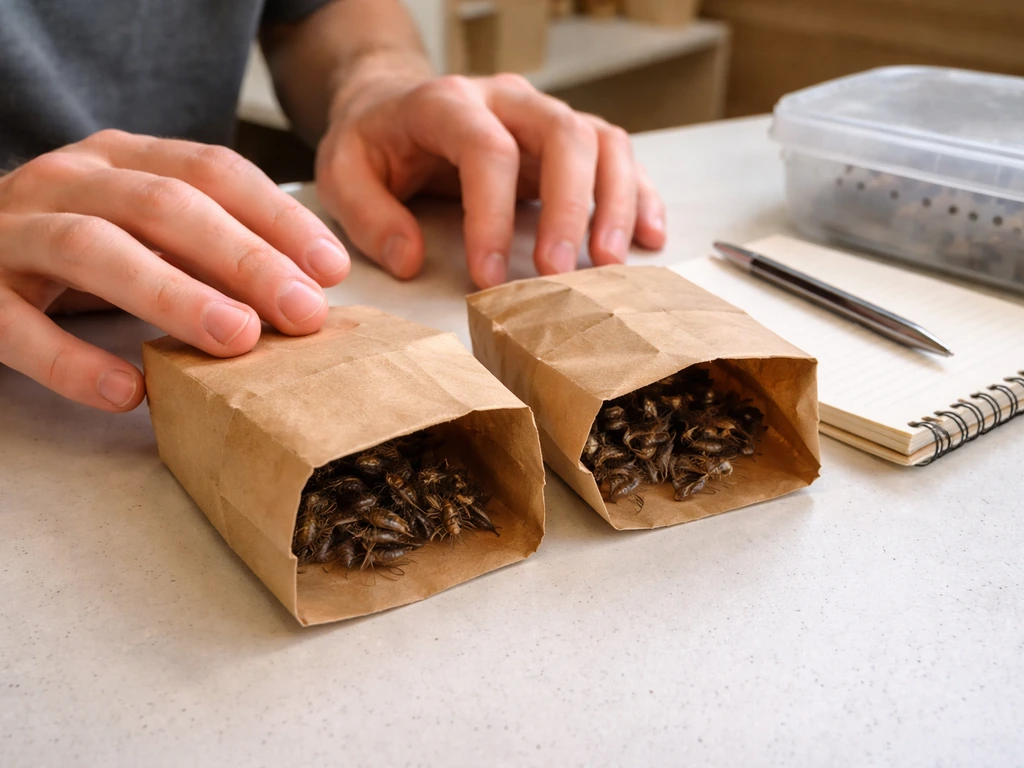 Keeper’s hands compare feeder cricket bags and notes beside a shallow cricket container on a bench.