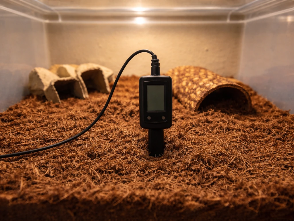 Cricket enclosure with a thermometer probe inserted in substrate to check warm temperature range.