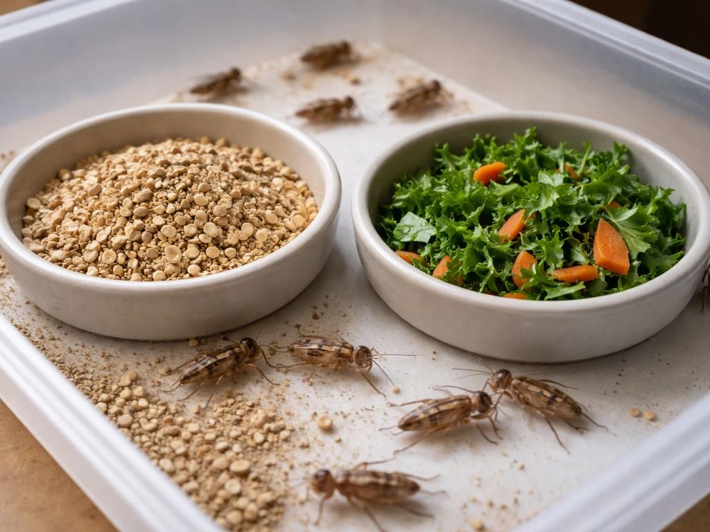 Crickets on a tray eating dry feed and fresh leafy vegetables in simple gut-loading dishes.