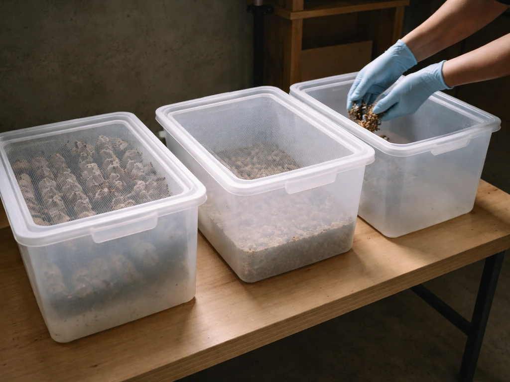 Hands moving two netted insect bins of adult and nymph cohorts on a clean farm workbench
