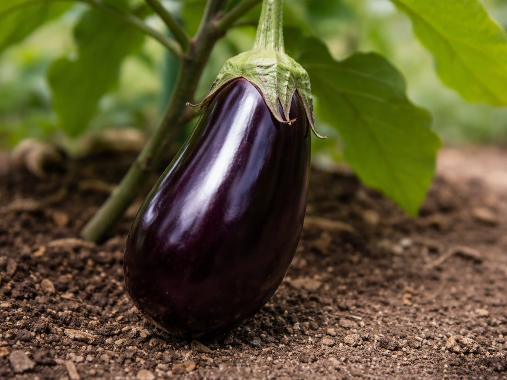 Close-up of a ripe purple eggplant hanging on the plant, ready to harvest.