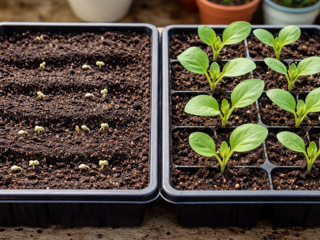 Eggplant seed-starting tray with tiny seedlings beside sturdy transplant seedlings in a simple soil-filled tray.