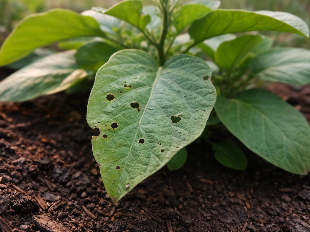Close-up of an eggplant leaf with tiny pest feeding holes, with other healthy leaves blurred behind